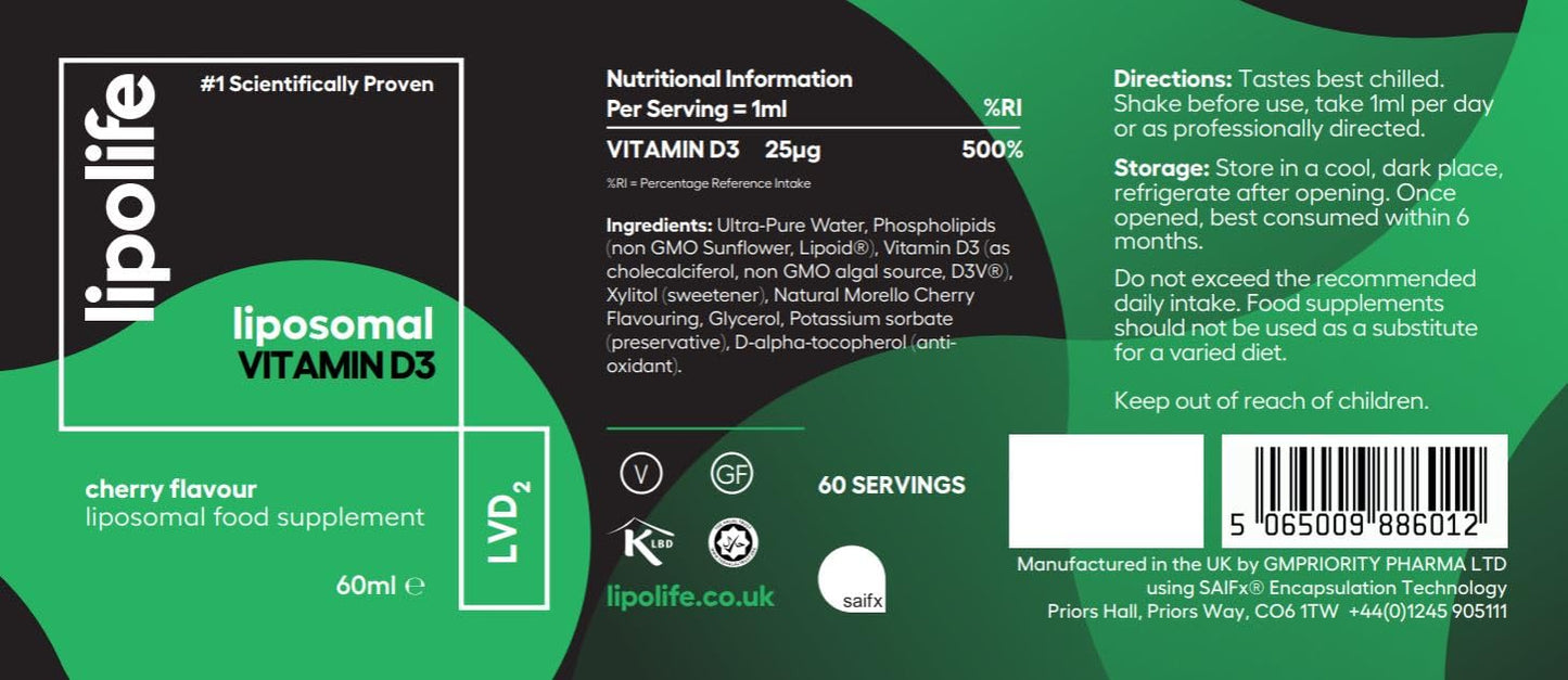 Lipolife liposomal Vegan Vitamin D3 Supplement | Highly absorbable Plant sourced D3 | Manufactured in UK to cGMP Standards | lipolife | 60 Servings. 1000IU. LVD2.