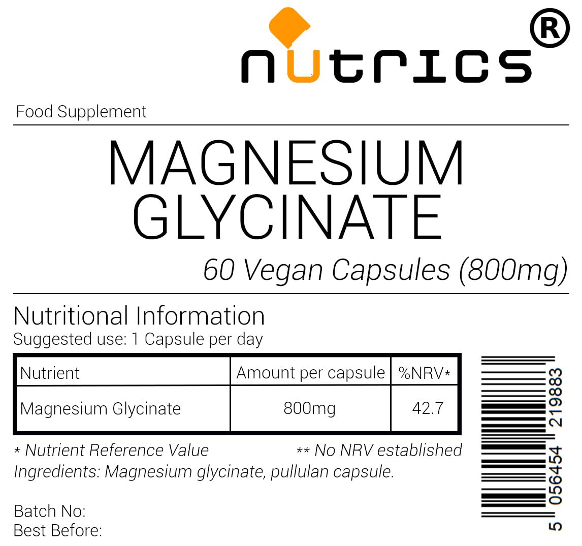 Nutrics® 800mg Magnesium GLYCINATE 100% Pure Highly Absorbable Strong V Capsules - Suitable for Vegan Vegetarian Halal & Kosher Diet- 60 Capsules (2 Month Supply) Ear Supply (60)