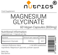 Nutrics® 800mg Magnesium GLYCINATE 100% Pure Highly Absorbable Strong V Capsules - Suitable for Vegan Vegetarian Halal & Kosher Diet- 60 Capsules (2 Month Supply) Ear Supply (60)
