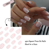 EONFAVE French Tip False Nails - 24pcs Square Press On Nails Short In 12 Sizes - Nude Stick on Nails with Elegant White Edge - Long Lasting False Nails with Glue Removable Nail Art Gifts for Women