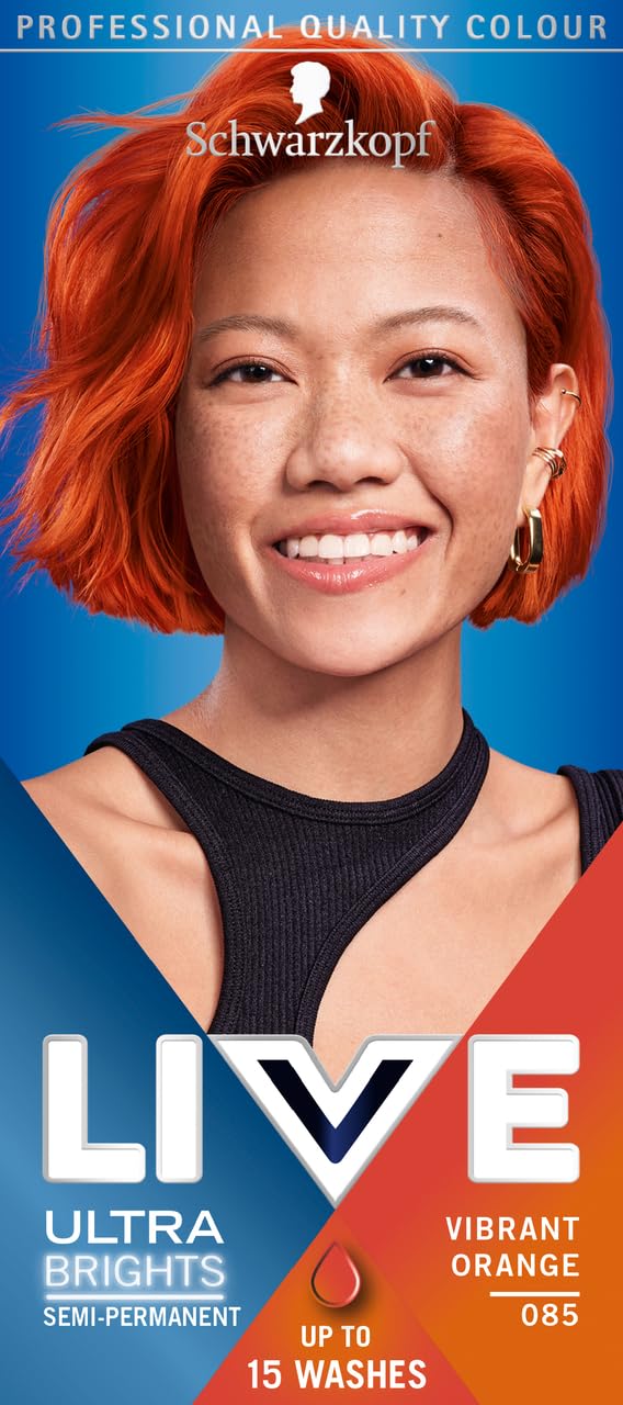 Schwarzkopf LIVE Ultra Brights Vibrant Orange Semi-Permanent Hair Dye 085, Orange Hair Dye for Bright or Pastel Orange Hair Colour, Vibrant Colour Lasts up to 15 Washes
