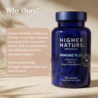 HIGHER NATURE Higher Nature Immune Plus - Vitamin C with Zinc & Black Elderberry - Immune Support Supplements - Vegetarian and Vegan Multivitamin - 180 Tablets