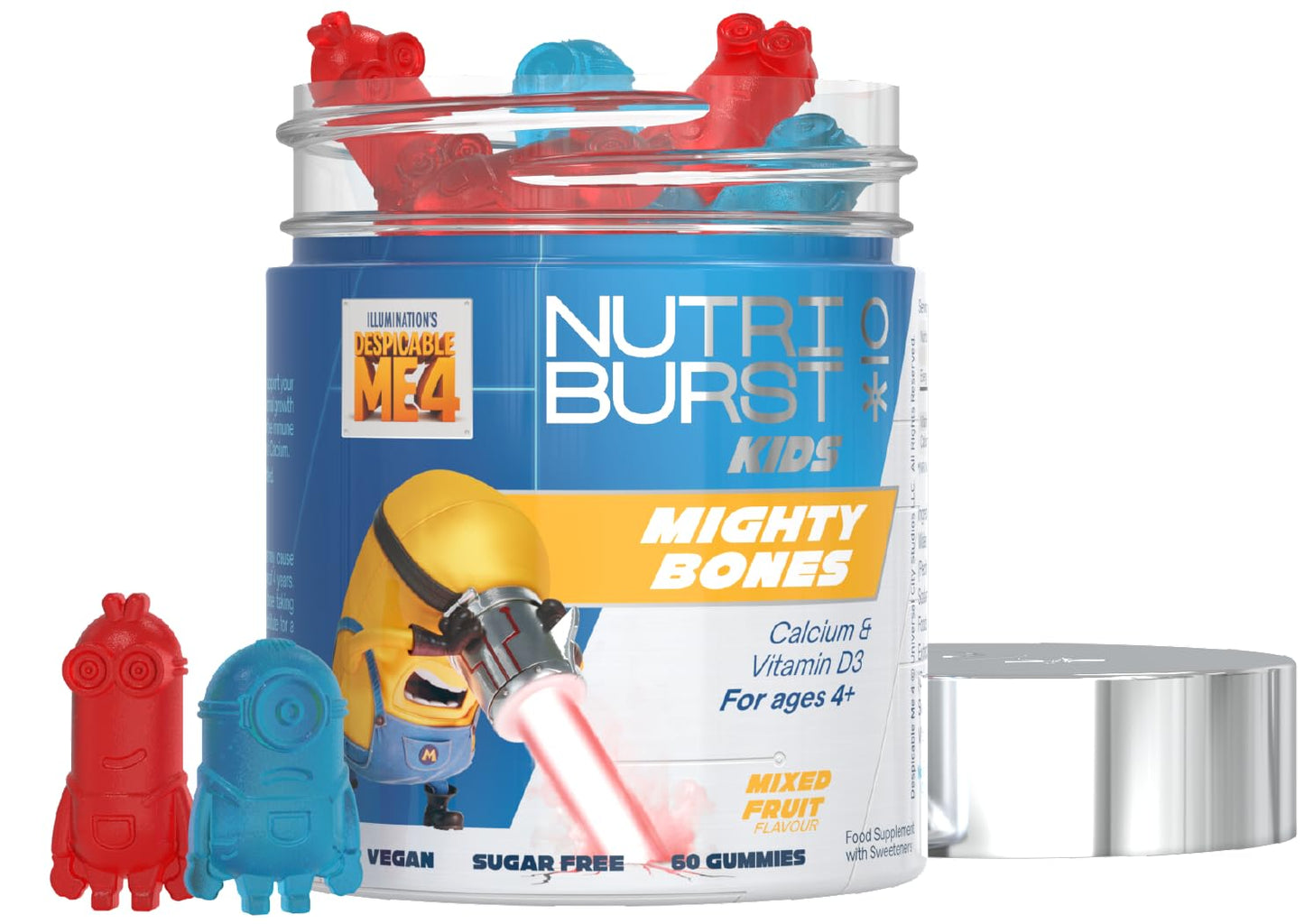 Nutriburst Minions Mighty Bones Vitamins for Kids - Chewable Vitamin D3 + Calcium Gummies for Healthy Bone Development - Vegan + Sugar Free - Fruity Flavour - 60 Gummies