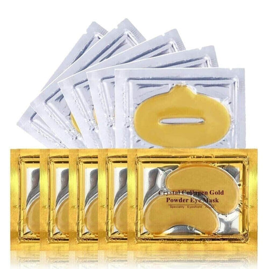 Tomsey 10 Pair Eye Masks & 10 Lip Masks Crystal Collagen 24k Gold Under Eye Gel Pad Face Mask Anti Aging Wrinkle Gel Lip Plumping Patches, Vegan Cruelty-Free Self Care Beauty