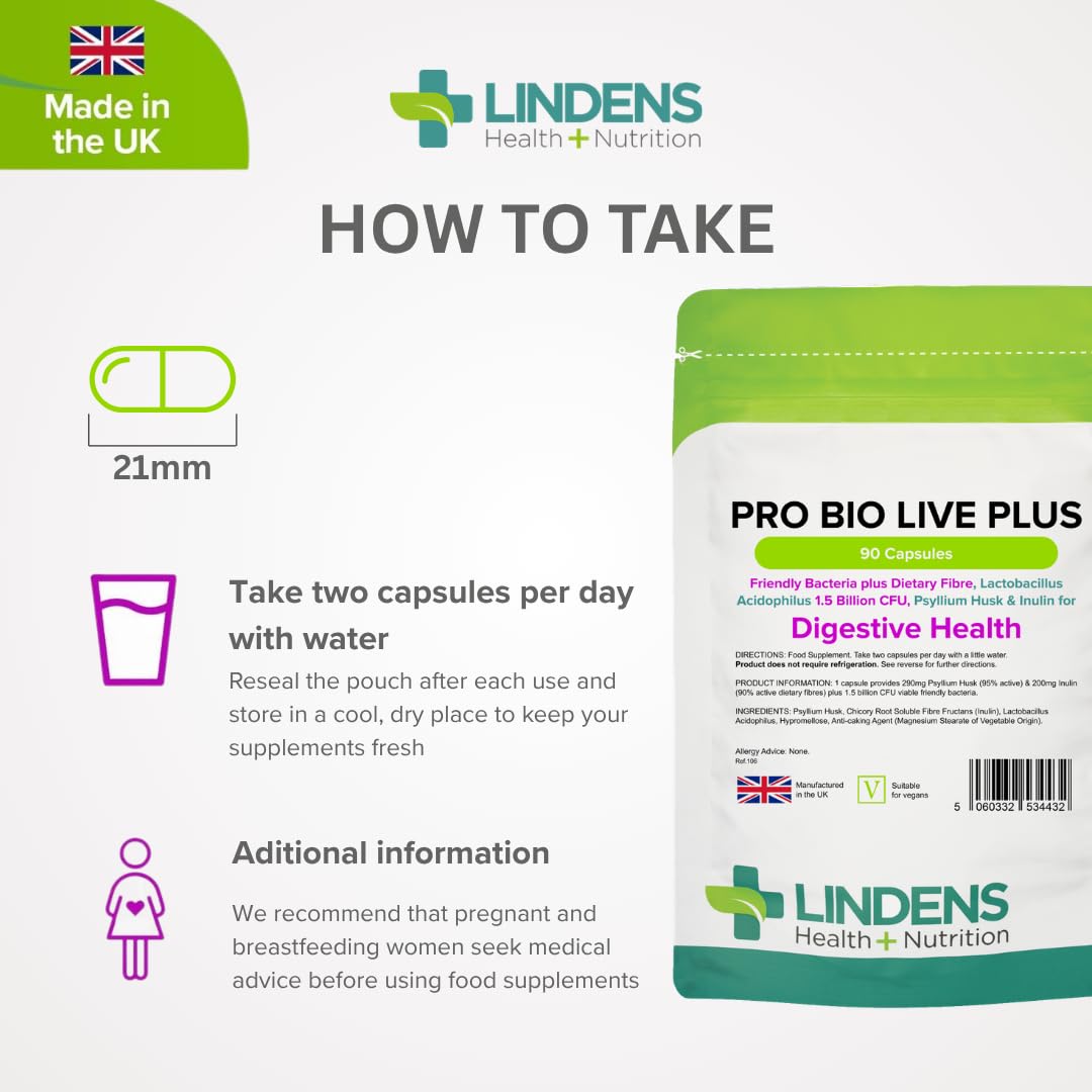 Lindens - Pro Bio Live Plus Dietary Fibre - 90 Capsules - UK Made - Lactobacillus Acidophilus, 1.5 Billion CFU with Psyllium Husk & Inulin, Healthy Digestion - Letterbox Friendly, Vegan