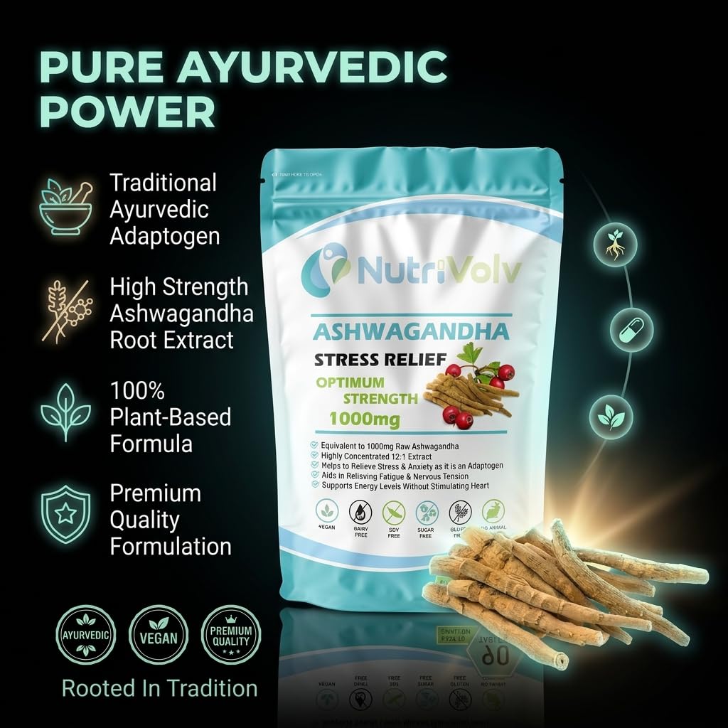 NutriVolv Ashwagandha 1000mg – 90 Vegan Tablets | High Strength Extract | Adaptogen for Stress, Anxiety & Fatigue Relief | Supports Energy, Focus, Mood, Sleep & Hormonal Balance | Ayurvedic Supplement