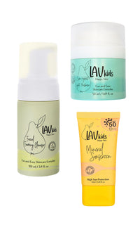 LAV KIDS Lav Kids 3-Step Daily Skincare Set for Kids – Foaming Cleanser 100ml, Face Cream 50ml, SPF 50 Sunscreen 50ml – Hypoallergenic with Hairband & Travel Mesh Bag – Gentle for Sensitive Skin (Hydrating)