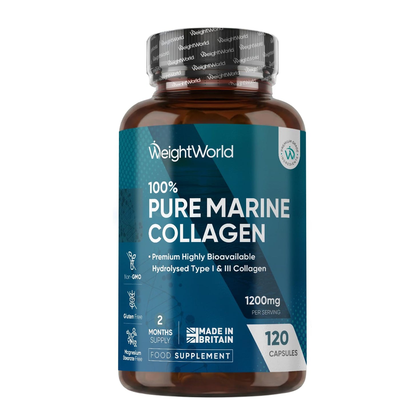 WeightWorld Pure Marine Collagen Supplements for Women & Men - 120 Capsules - 1200mg Per Serving - 2 Months Supply- Highly Bioavailable Type 1 & 3 Hydrolysed Fish Collagen Peptides