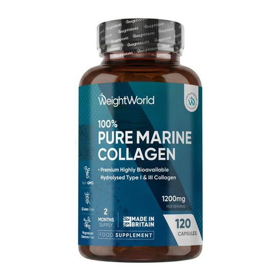 WeightWorld Pure Marine Collagen Supplements for Women & Men - 120 Capsules - 1200mg Per Serving - 2 Months Supply- Highly Bioavailable Type 1 & 3 Hydrolysed Fish Collagen Peptides