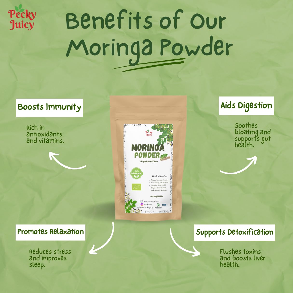 100% Pure Moringa Powder 180g with FREE 5g Scoop by Pecky Juicy – Pure Botanical Powder for DIY Beauty, Wellness, Hair Masks & Herbal Use