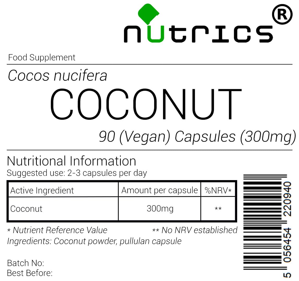 Nutrics® Coconut 300mg 100% Pure x 90 V Capsule (1 Month Supply) Cocos Nucifera - Suitable for Vegan Vegetarian Halal & Kosher