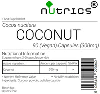 Nutrics® Coconut 300mg 100% Pure x 90 V Capsule (1 Month Supply) Cocos Nucifera - Suitable for Vegan Vegetarian Halal & Kosher