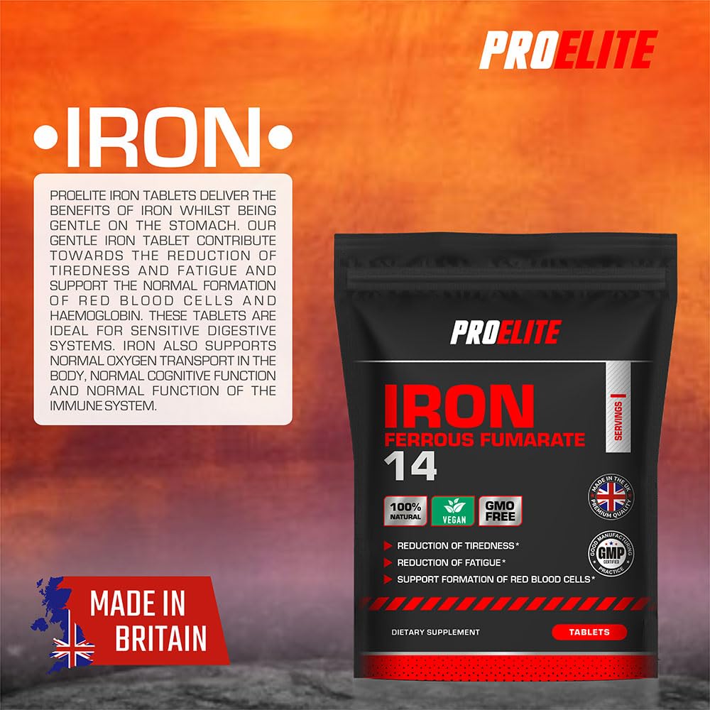 Iron Tablets High Strength 14mg - 365 Tablets - Vegan Iron Energy Tablets for Tiredness and Fatigue - High Absorption Iron Supplements for Women and Men - Made in The UK by PROELITE