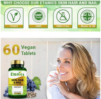 Etanics Skin, Hair & Nails with Biotin & Vitamins A, C & E – 60 Tablets Beauty Supplements with Vitamin C & Biotin for Men and Women – Vegan and Vegetarian – Etanics - Made in The UK