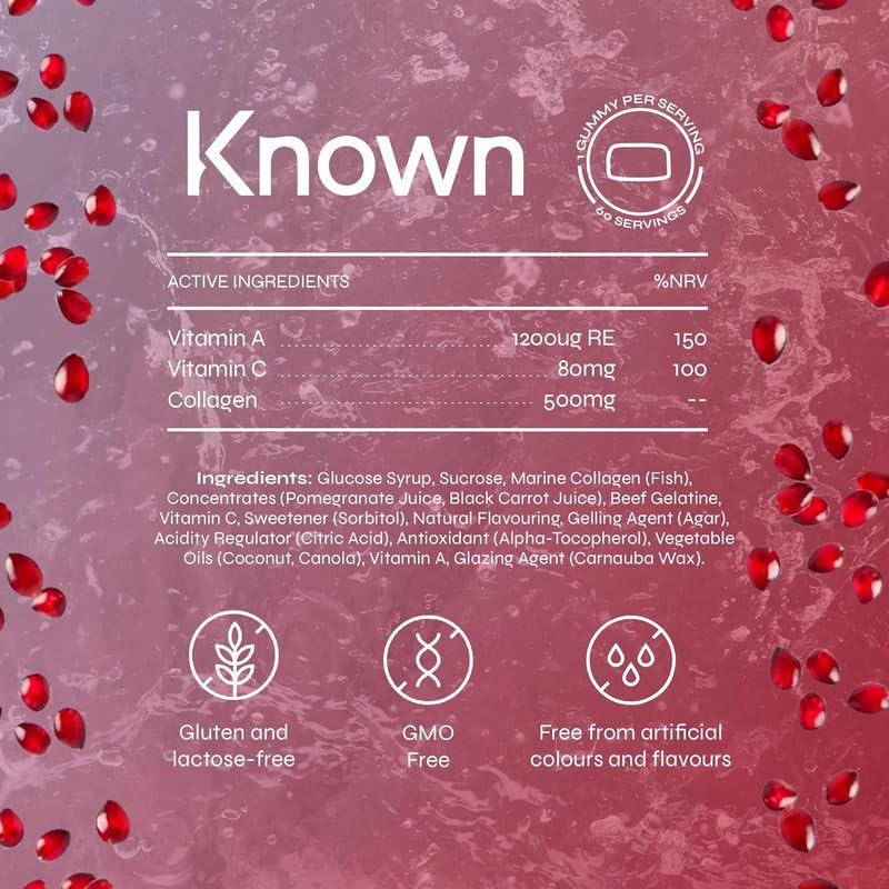 Known Delicious Marine Collagen Gummies - 500mg Collagen, Vitamin A, C - Skin Support - Natural Pomegranate Flavour - 60 Gummies, 2 Months Supply
