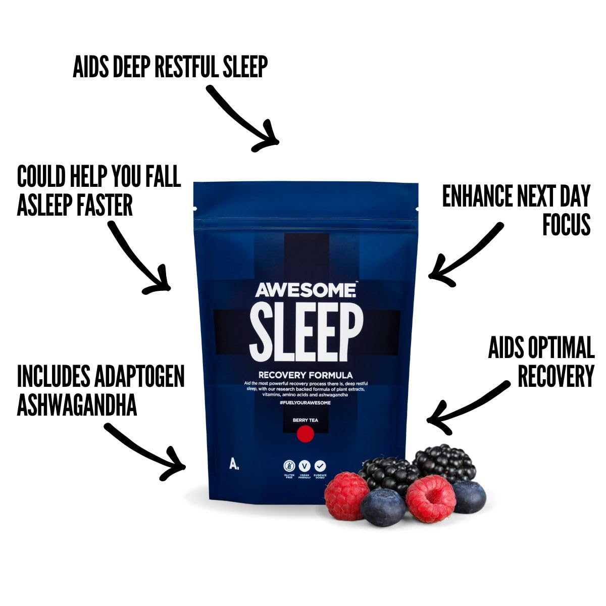 Awesome Supplements - Awesome Sleep Recovery Formula with Magnesium, Ashwagandha & Chamomile Extract (241g, Berry Tea)