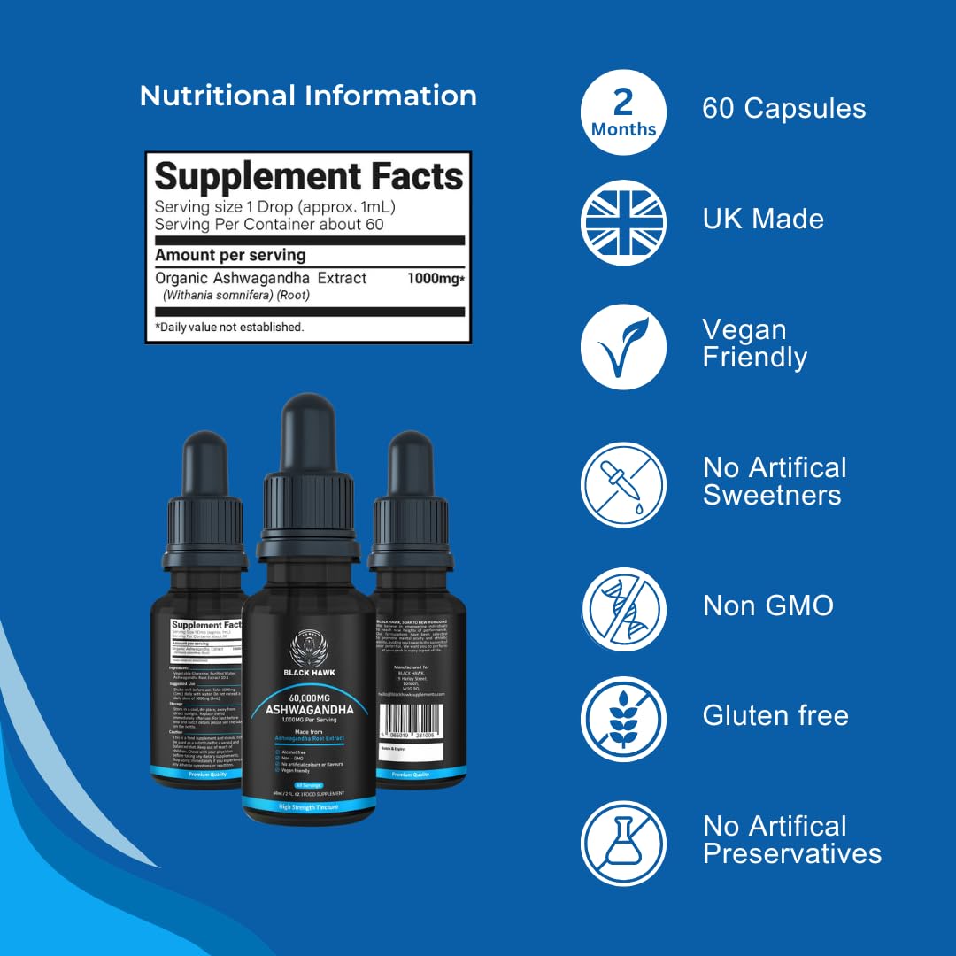 Ashwagandha Liquid 1000mg - 60 Vegan Servings Ashwagandha High Strength Supplement Root Powder Extract - 2 Months Supply - Nootropic - Made in The UK by BLACK HAWK