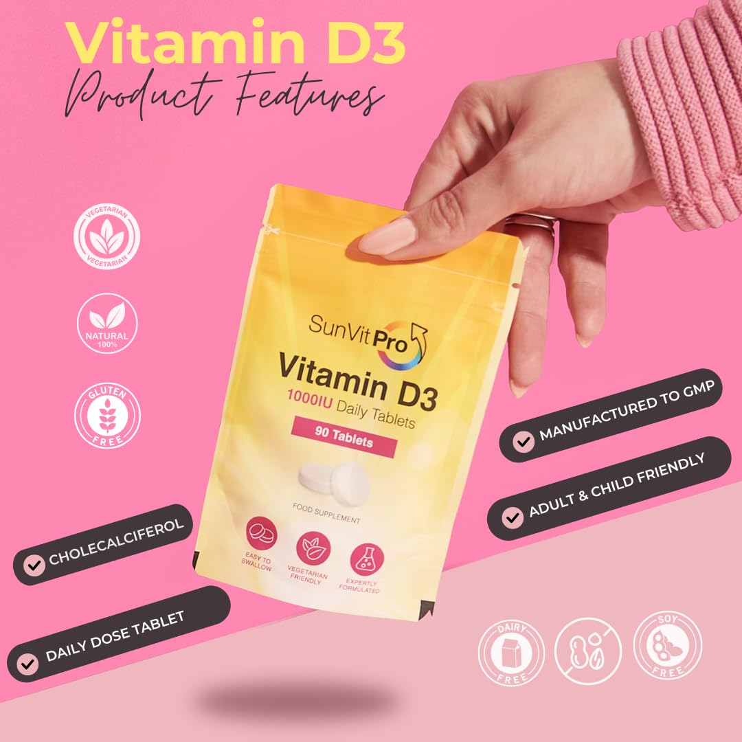 SunVit-D3 Vitamin D 1000IU - Cholecalciferol Vitamin D Tablets 1000IU Support the Maintenance of Bone, Teeth, Muscle & Immune System | UK Made, GMP Approved, Dairy & Gluten free D3 Vitamins 90 Tablets