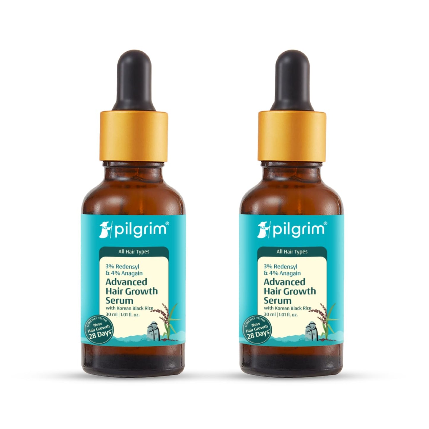 Pilgrim Redensyl 3% + Anagain 4% + Baicapil Advanced Hair Growth Serum for Scalp with Korean Black Rice, Saw Palmetto | Control Hair Fall, Hair Density | Women & Men | 60ml