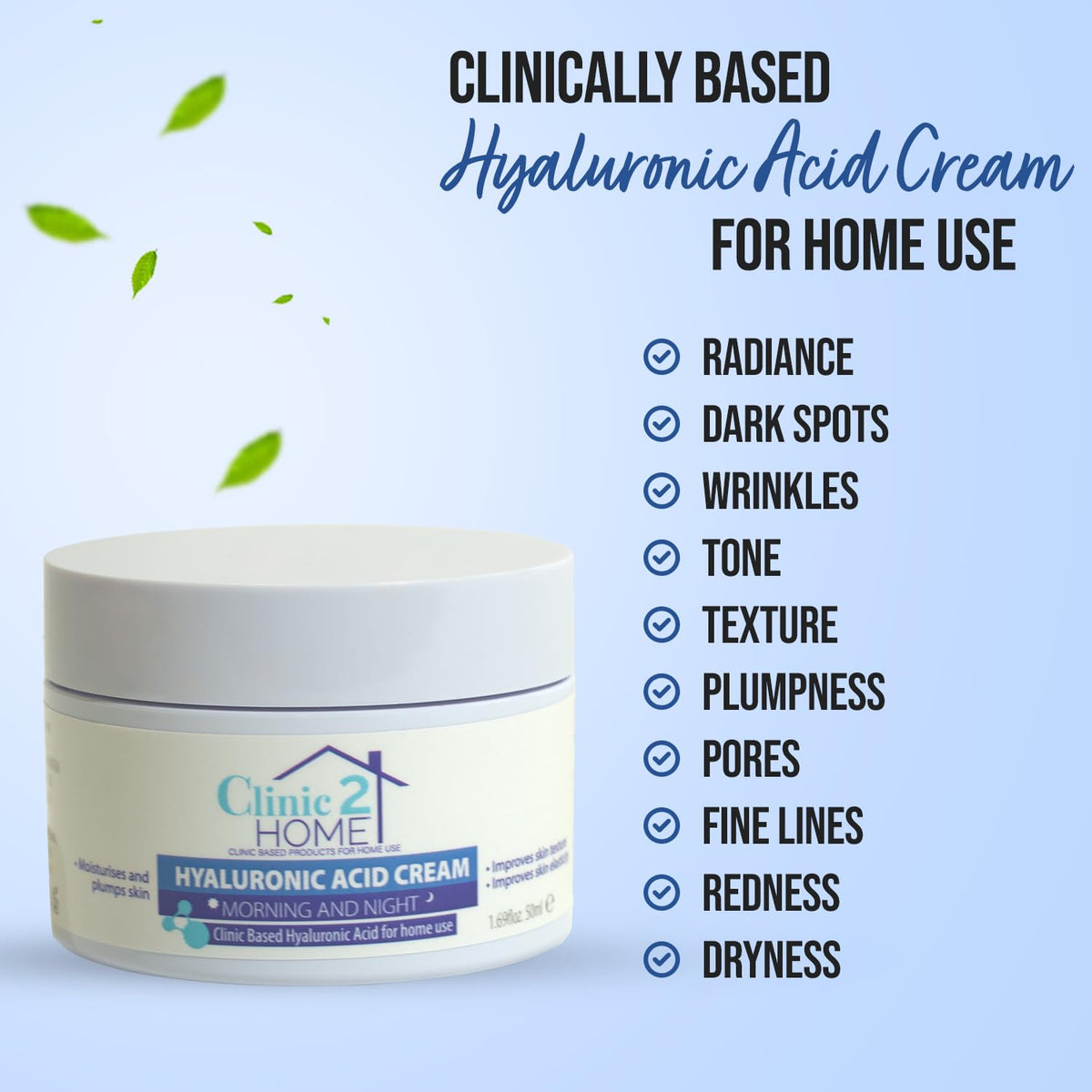 Clinic2Home Hyaluronic Cream - 50g - Anti Wrinkle Night & Day Face Hyaluronic Cream for Woman & Men Fast-Acting - Brighten Skin, Boost Collagen, Reduce Fine Lines & Firming Moisturiser for Face