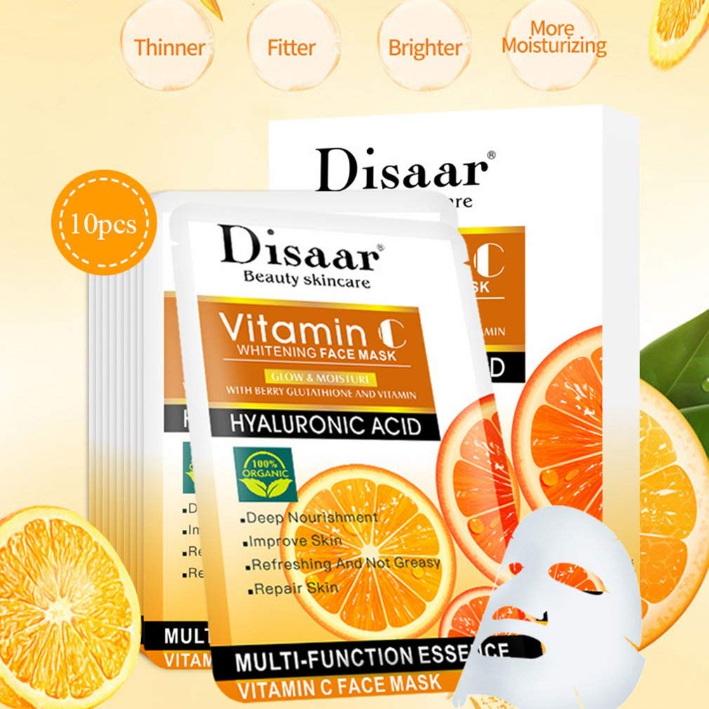 DISAAR BEAUTY Face Mask Hyaluronic Acid Anti-Aging Repair Nourishment Rejuvenating Cleansing Essence Moisturizing Vitamin C 10PCS