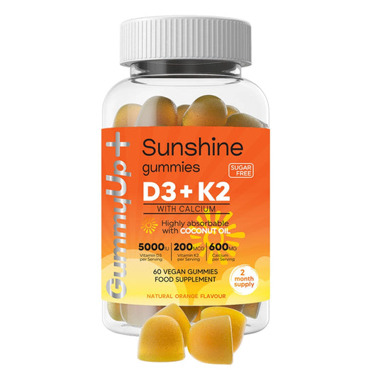 Vitamin D3+K2+Calcium Gummies High Strength Sunshine Gummies | 2 Months Supply | Natural Orange Flavoured Sugar Free Vegetarian Gummies by Gummyup+