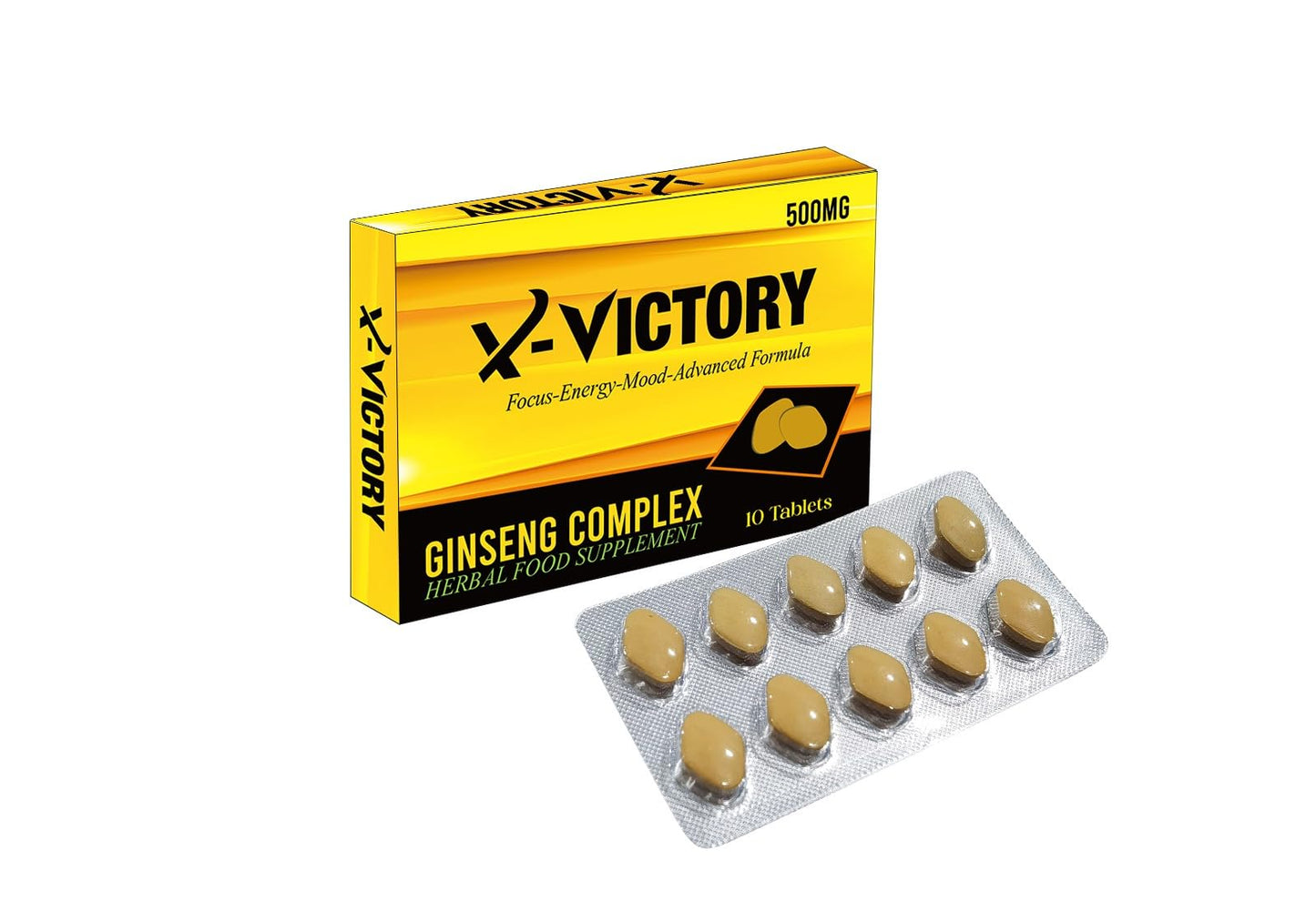 Extra Strong X-VICTORY -500MG Ginseng and Herbal Food Supplement for Men. The Most Effective Natural, Powerful and Fast Acting Food Supplement for Men! - (Pack of 10 Tablets)