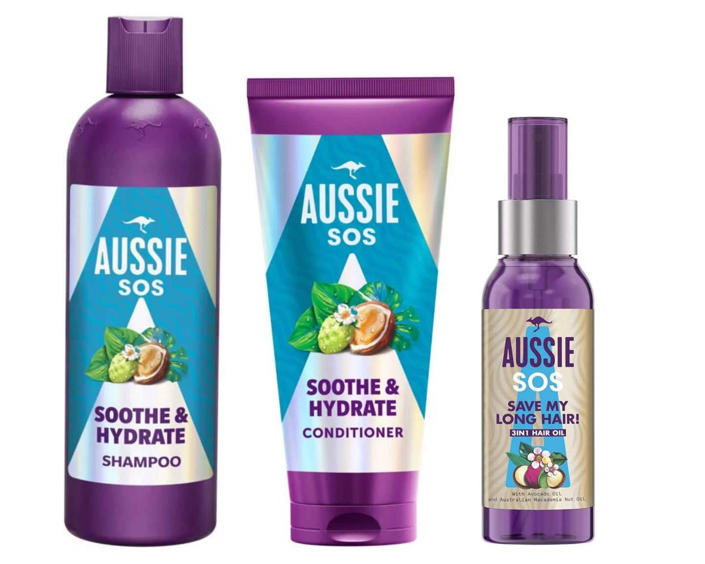 "Aussie SOS Soothe & Hydrate Bundle contains Shampoo 300ml, Conditioner 200ml & Aussie SOS Save My Lengths 3 in 1 Hair Oil 100ml, Leaving It Soft, Smooth & Shiny Hair"