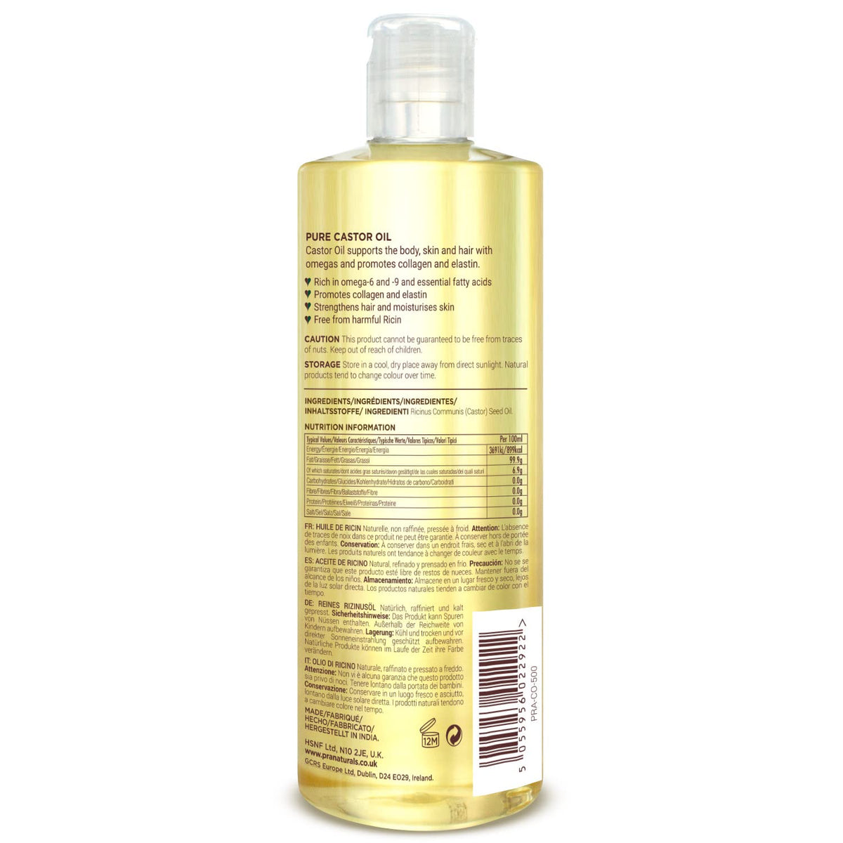 PraNaturals Cold Pressed Castor Oil 500ml - 100% Natural, Vegan & Pure, for Hair, Eyebrows & Eyelash Growth, Softer Skin & Face, Rich In Omega-6, Omega-9 & Essential Fatty Acids