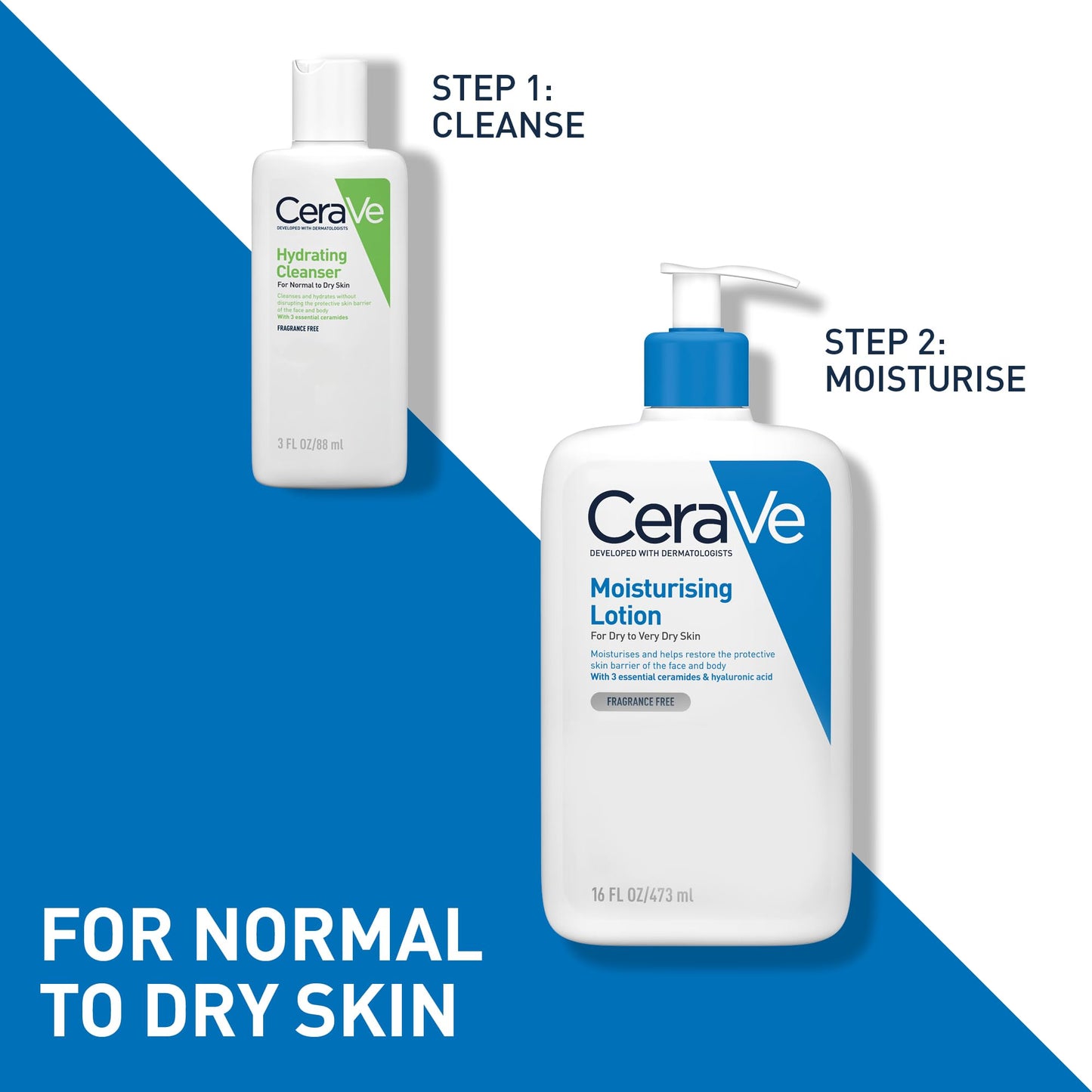 CeraVe Face & Body Routine for Dry Skin Travel Essentials- Moisturising Lotion 473ml & Hydrating Cleanser 88ml
