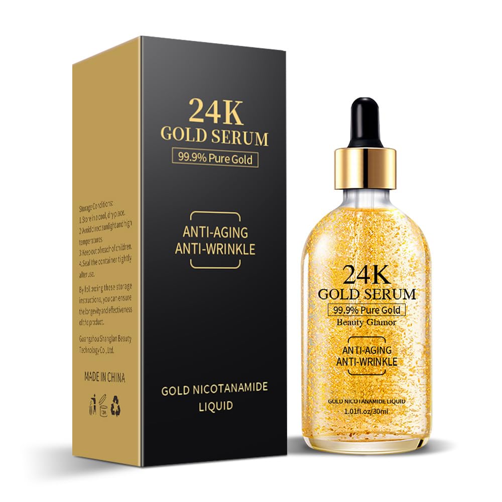 KlsyChry 24k Gold Serum for Face, Skin Moisturizing Anti-Aging Anti-Redness Acne Treatment Essence Cream for Dark Spots & Fine Lines, Skin Care Gold Essence Nicotinamide Serum (30ml)