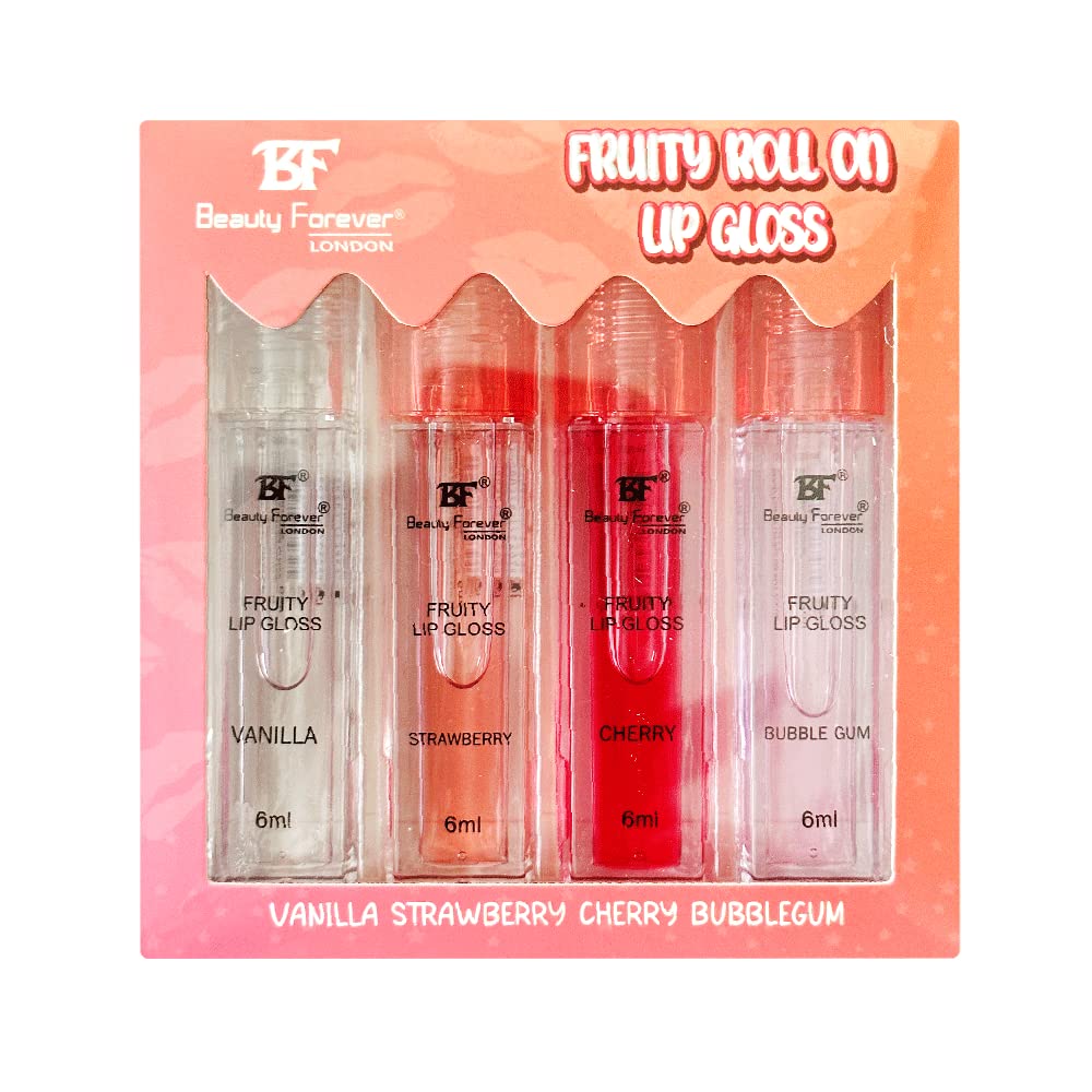 BF Beauty Forever Beauty Forever Fruity Roll on Lip Gloss, Moisturising & Hydrating, Available in 4 Flavours, 6ml each (Pack of 4)