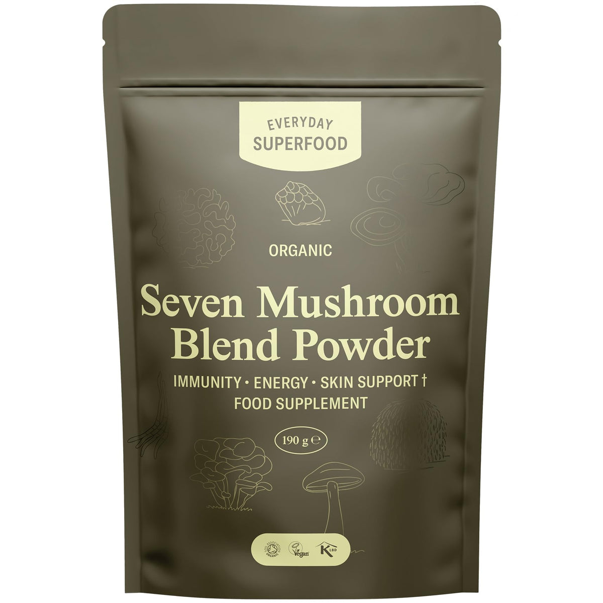 Everyday Superfood Organic Seven Mushroom Blend Powder 190g, 7 Mushrooms Including Lion's Mane, Suitable for Cooking and Coffee Drinks