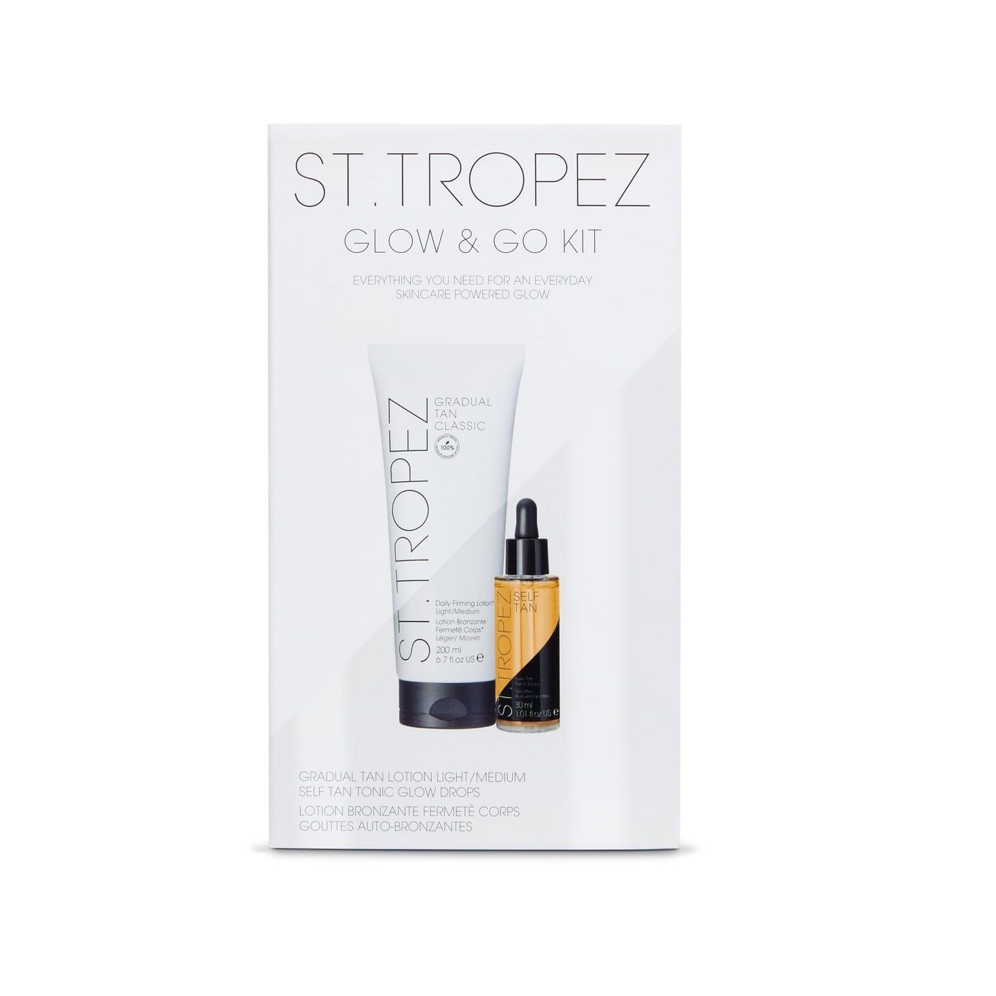 St.Tropez St. Tropez Self Tan Glow and Go Kit, Gradual Tan Moisturising Lotion 200ml, Face Tanning Tonic Glow Drops 30ml, Vegan, Fake Tan Beauty Kit