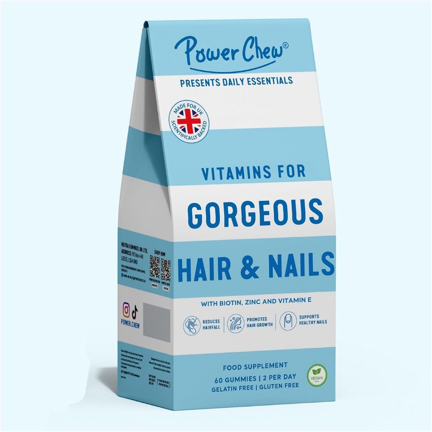 Power Chew Vitamins for Gorgeous Hair and Nails | Gummies for Women & Men | 60 Gummies 1 Month Supply | Healthy Nutrition Suitable for Vegetarians and Vegans | Super Tasty Food Supplement for Adults