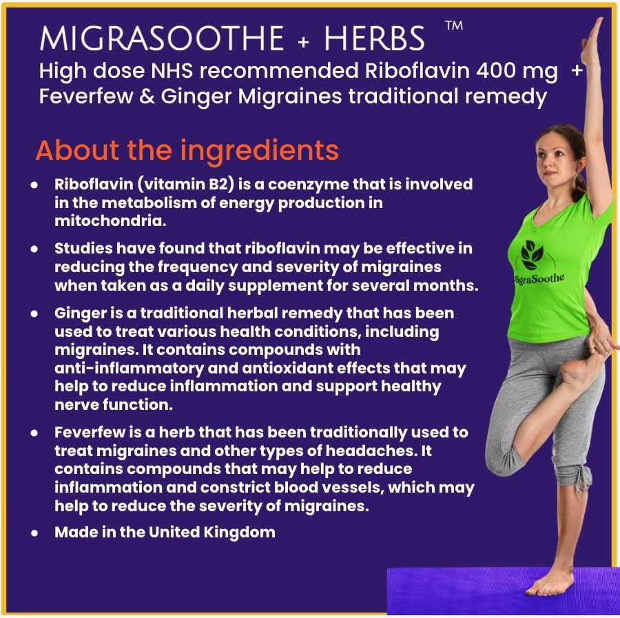 Bespoke Biotics Migraine Relief Feverfew + Ginger + Vitamin B2 Riboflavin 400mg per Capsule - Migrasoothe + Herbs NHS Recommended Ingredients UK Made Stress, Headaches Tremors & Energy Vegan. Vitamin B2 400 [60]
