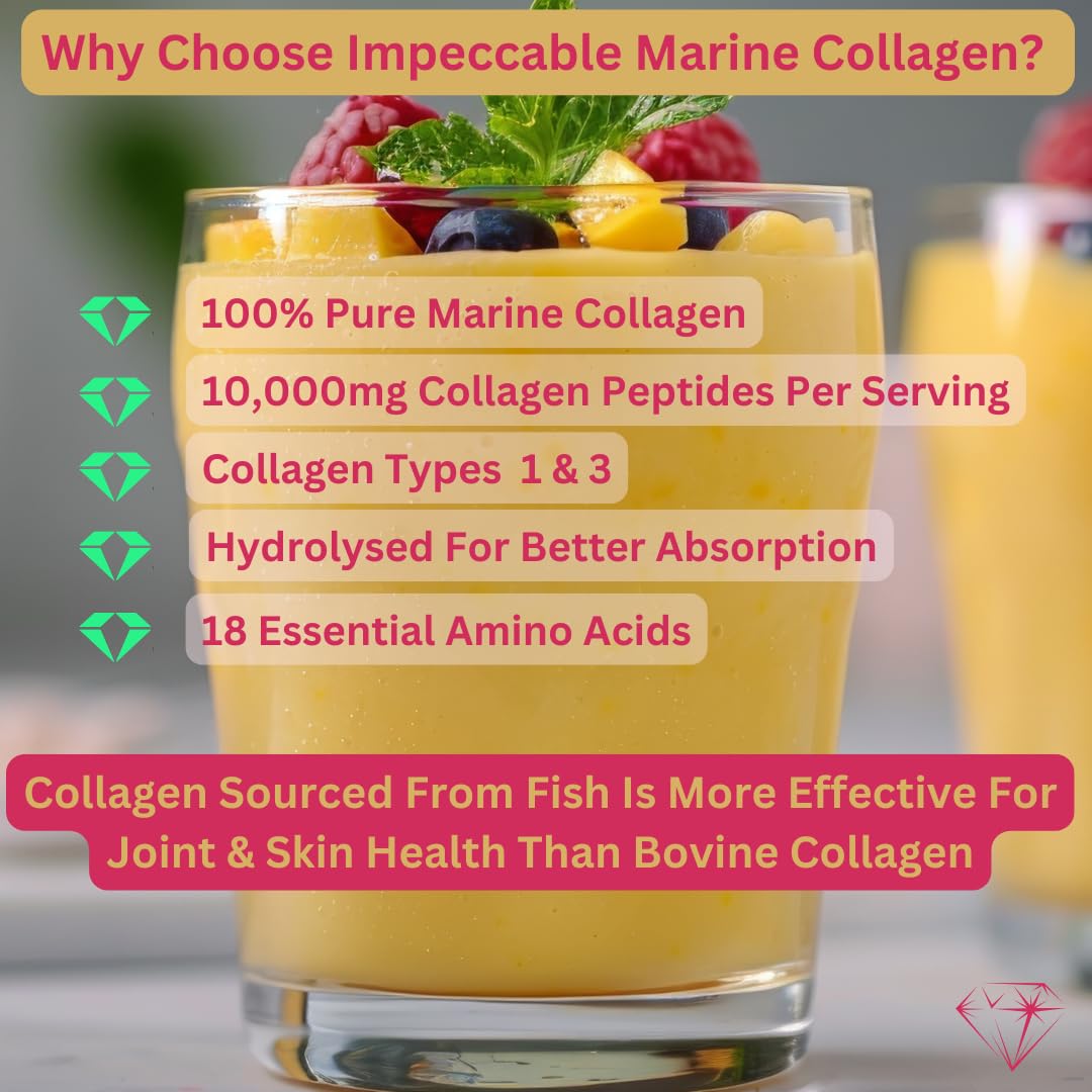 Impeccable IMPECCABLE Marine Collagen Powder - Hydrolysed Collagen Peptides 10,000 mg. Skin, Hair, Nails & Joint Support - Unflavoured, Easy-Mix Collagen Supplement for Women & Men. 300 g / 30 Servings.