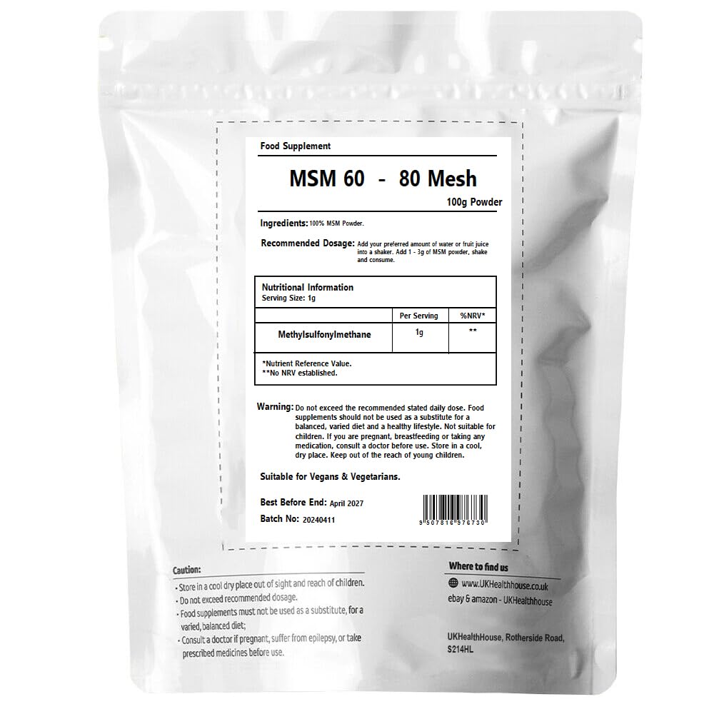UKHealthHouse 100% Pure MSM Powder 100g – Vegan Methylsulfonylmethane Supplement – Joint, Muscle & Collagen Support – Food Grade Sulphur for Detox & Inflammation Relief