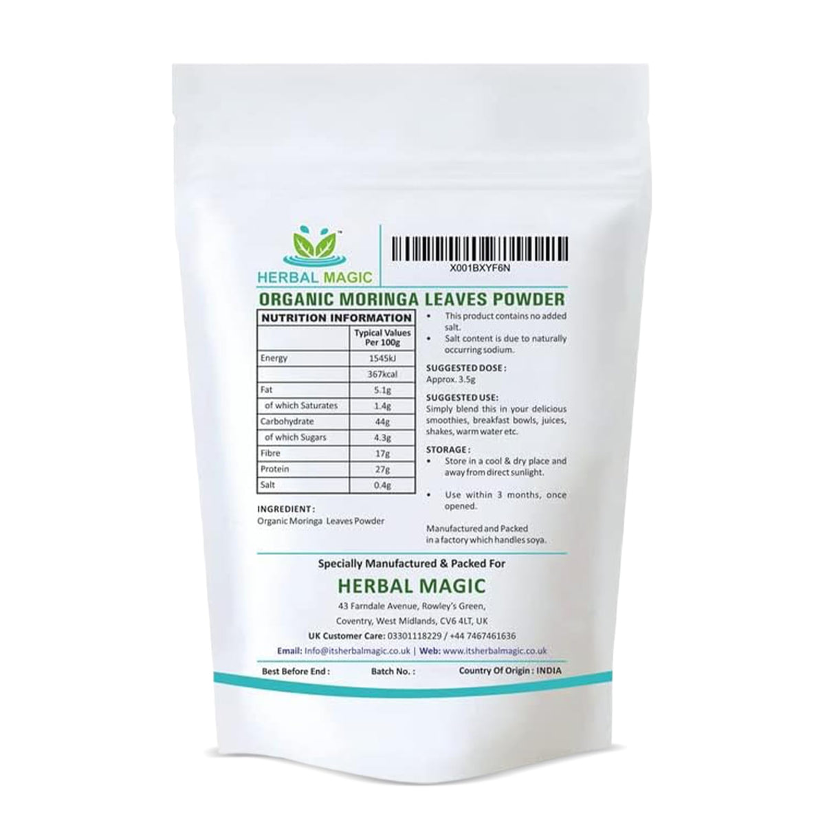 Herbal Magic's Organic Moringa Leaf Powder Raw and Pure Whole Leaves, Green Superfood for Smoothies, Shakes, Baking, Free from Fillers & Preservatives. of&G UK Organic Certified 100g (Pack of 1)
