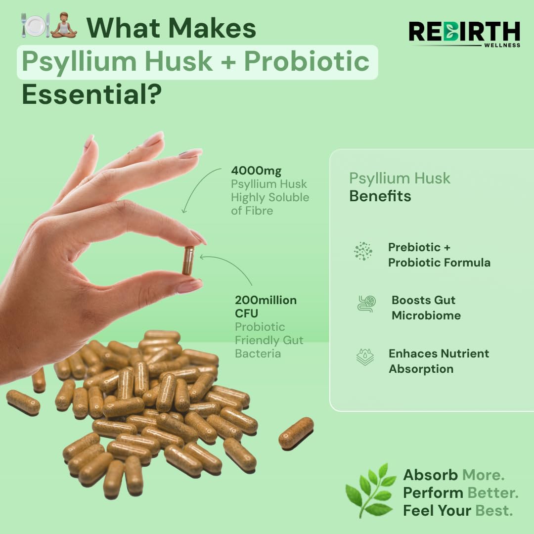 REBIRTH WELLNESS BE YOURSELF | ONLY BETTER Psyllium Husk Fibre Supplement 4000mg with Probiotic Acidophilus – 120 Capsules, High Fiber Supplement for Digestion & Gut Health,3rd Party Lab Tested, UK Made by Rebirth Wellness