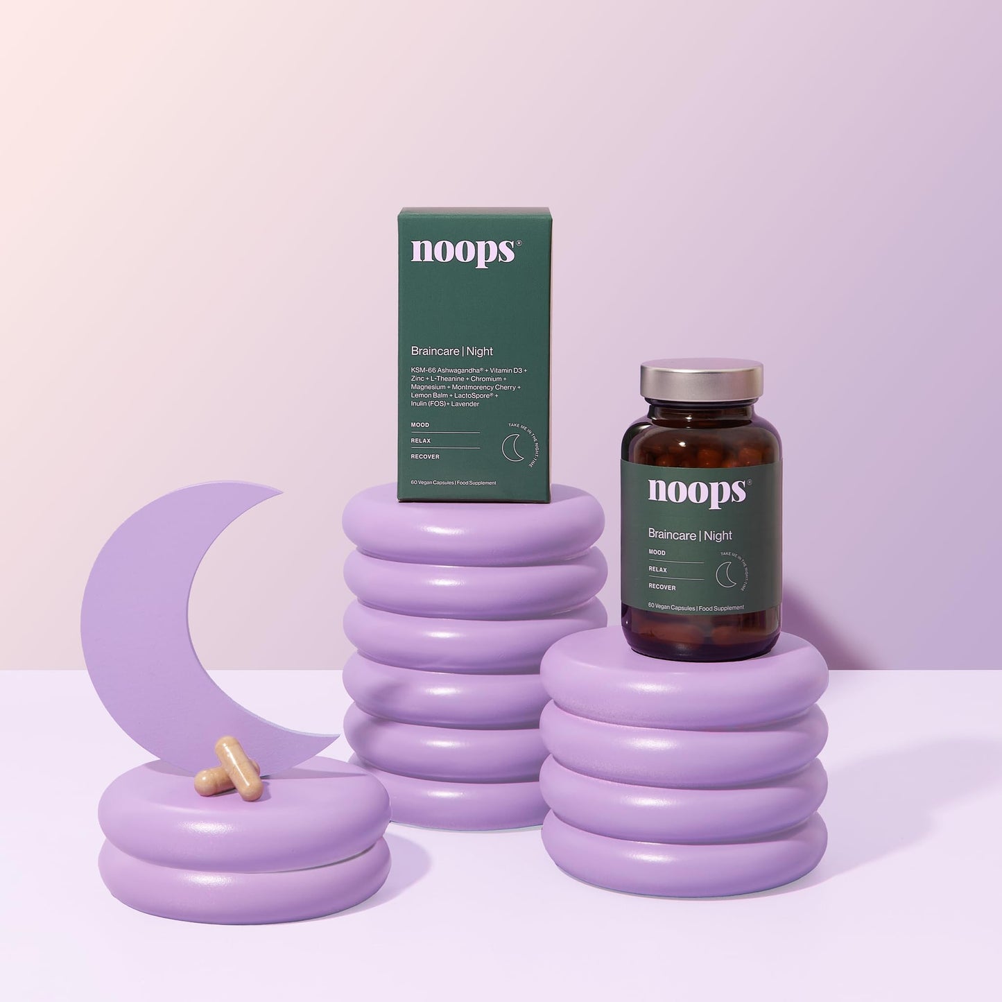 Noops Nootropics Brain Care Night for Mood, Calm & Relaxation with Ashwagandha KSM-66, L-Theanine, Montmorency Cherry, Magnesium, Lemon Balm & Lavender Supplement Complex, 60 Capsules