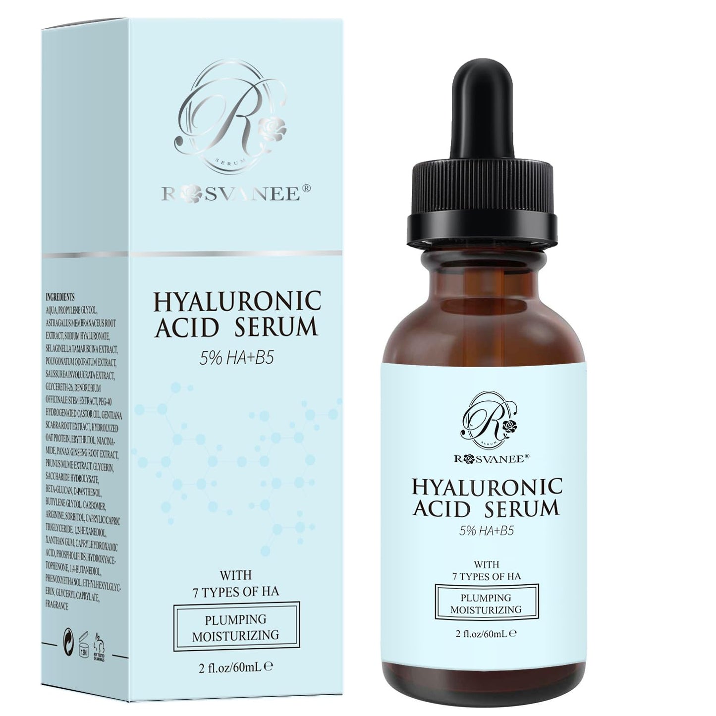 ROSVANEE Hyaluronic Acid Serum for Face 60ml, 5% Hyaluronic Acid + Vitamin B5 with Niacinamide, Anti Aging Serum Intense Hydration Moisture, Vegan and Paraben-Free
