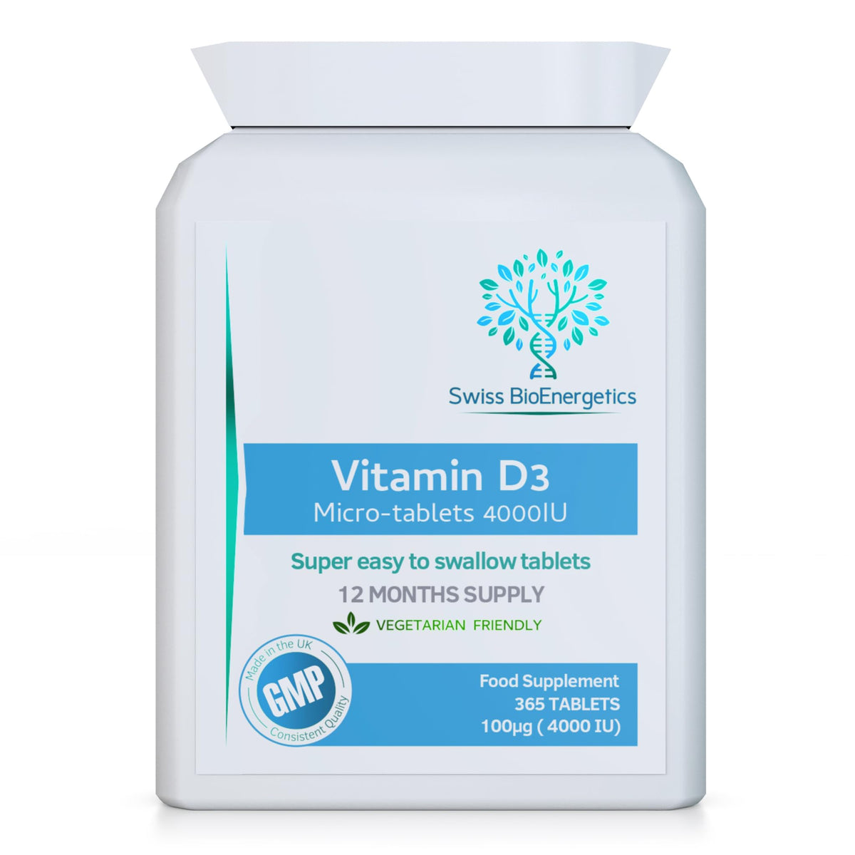 swiss bioenergetics Vitamin D3 4000 IU Tablets, 1 Year Supply - 365 Easy to Swallow high Strength Micro-Tablets - Vegetarian Vitamin D Supplement to Boost the Immune System and Support Bone Health - Made in the UK