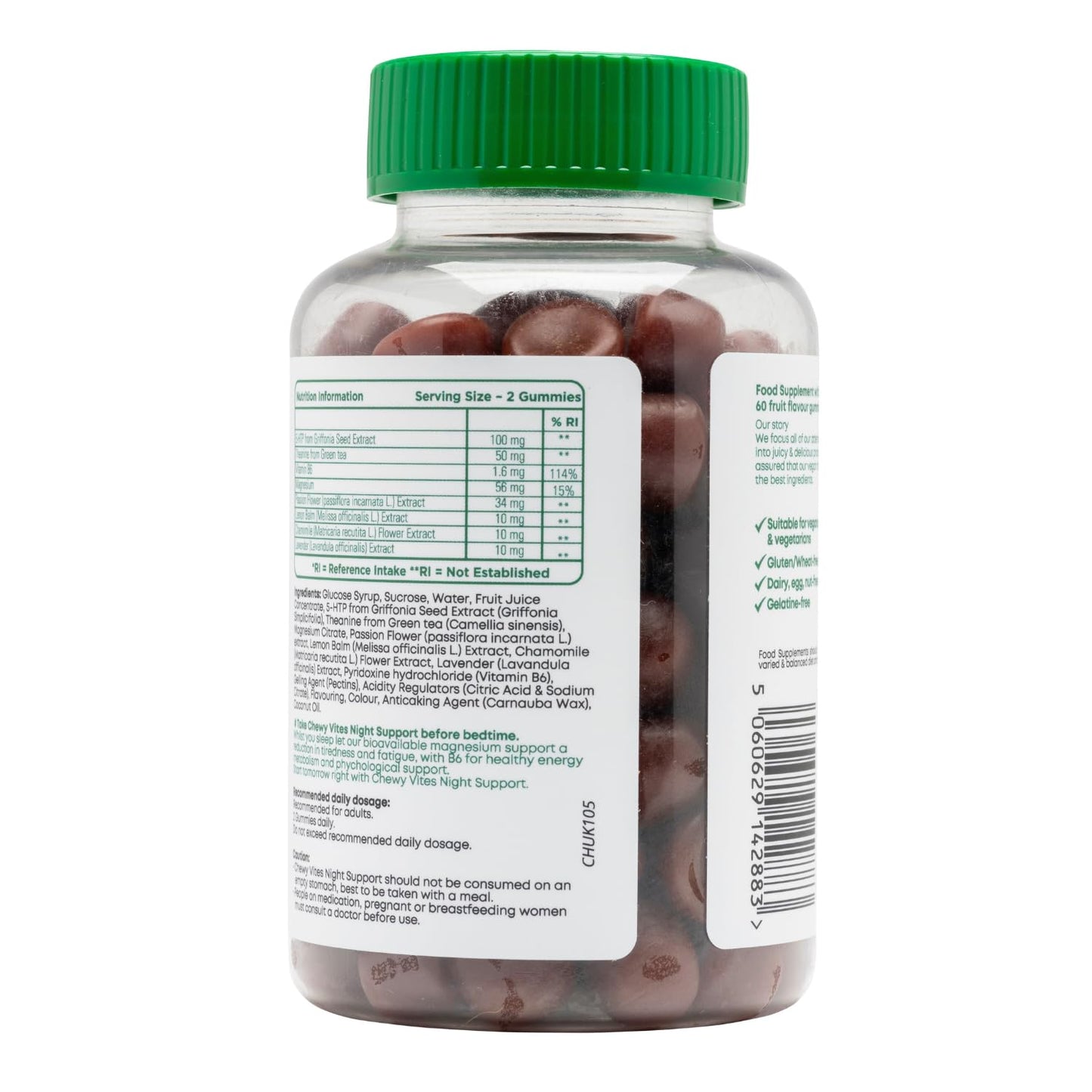 Chewy Vites Adult Gummies Night Support 60 Gummy Vitamins |with 5-HTP,Magnesium, Theanine, Chamomile & Lavender | Non-Melatonin | Herbal Night Support |1 Months Supply | Berry Flavour