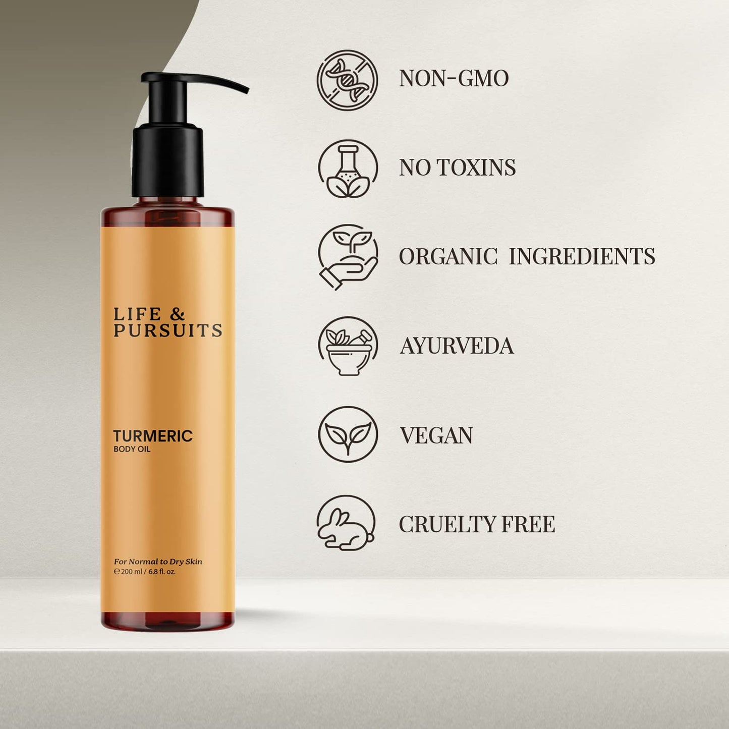 Life & Pursuits Turmeric Body Oil (200ml), Ayurveda Massage Oil for Skin, Skin Brightening Oil for Dark Spots, Made with Organic Coconut Oil, Argan Oil, Almond Oil, and Squalane