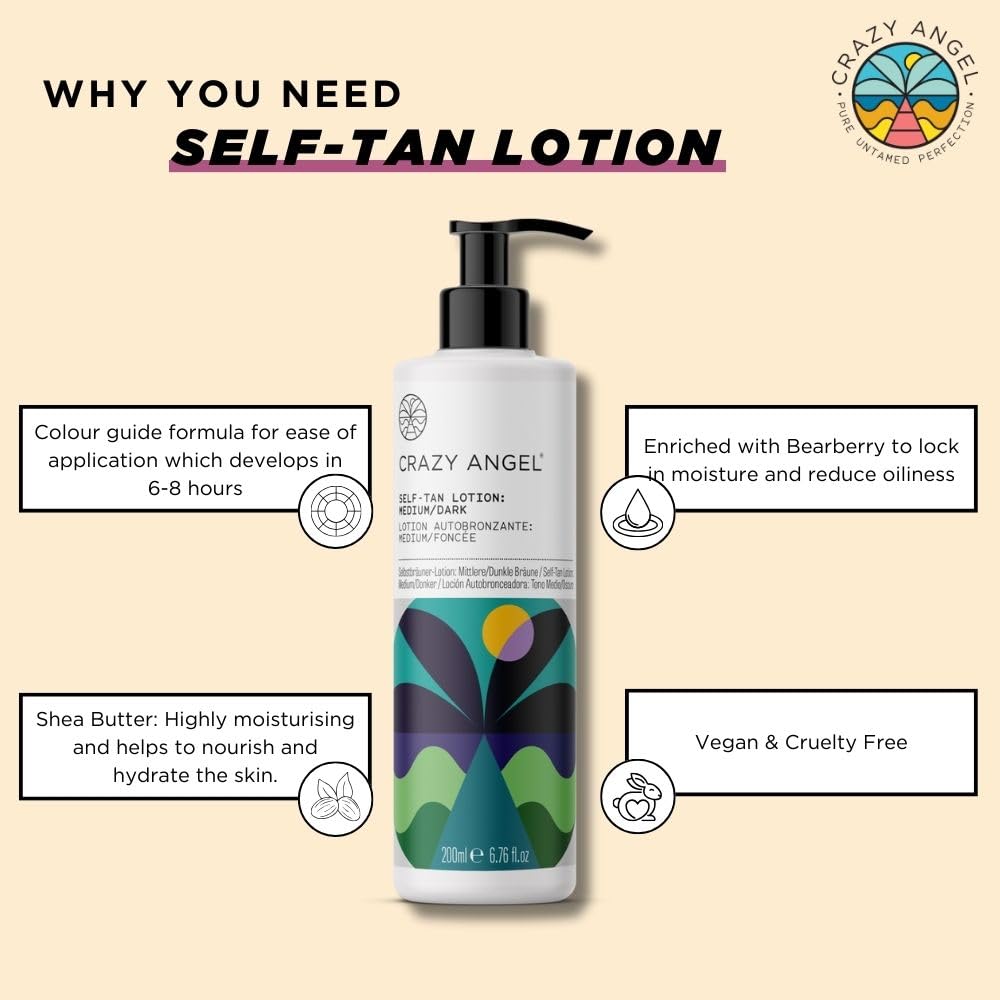 Crazy Angel Vegan Self-Tan Lotion (Medium/Dark Tan). Made in UK. 200ml.