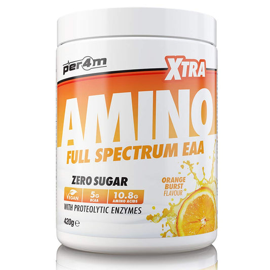 per4m Per4m Amino Xtra | 30 Servings of Full Spectrum EAA with Proteolytic Enzymes | Vegan Friendly | Zero Sugar Amino Acid (Orange Burst, 420g)