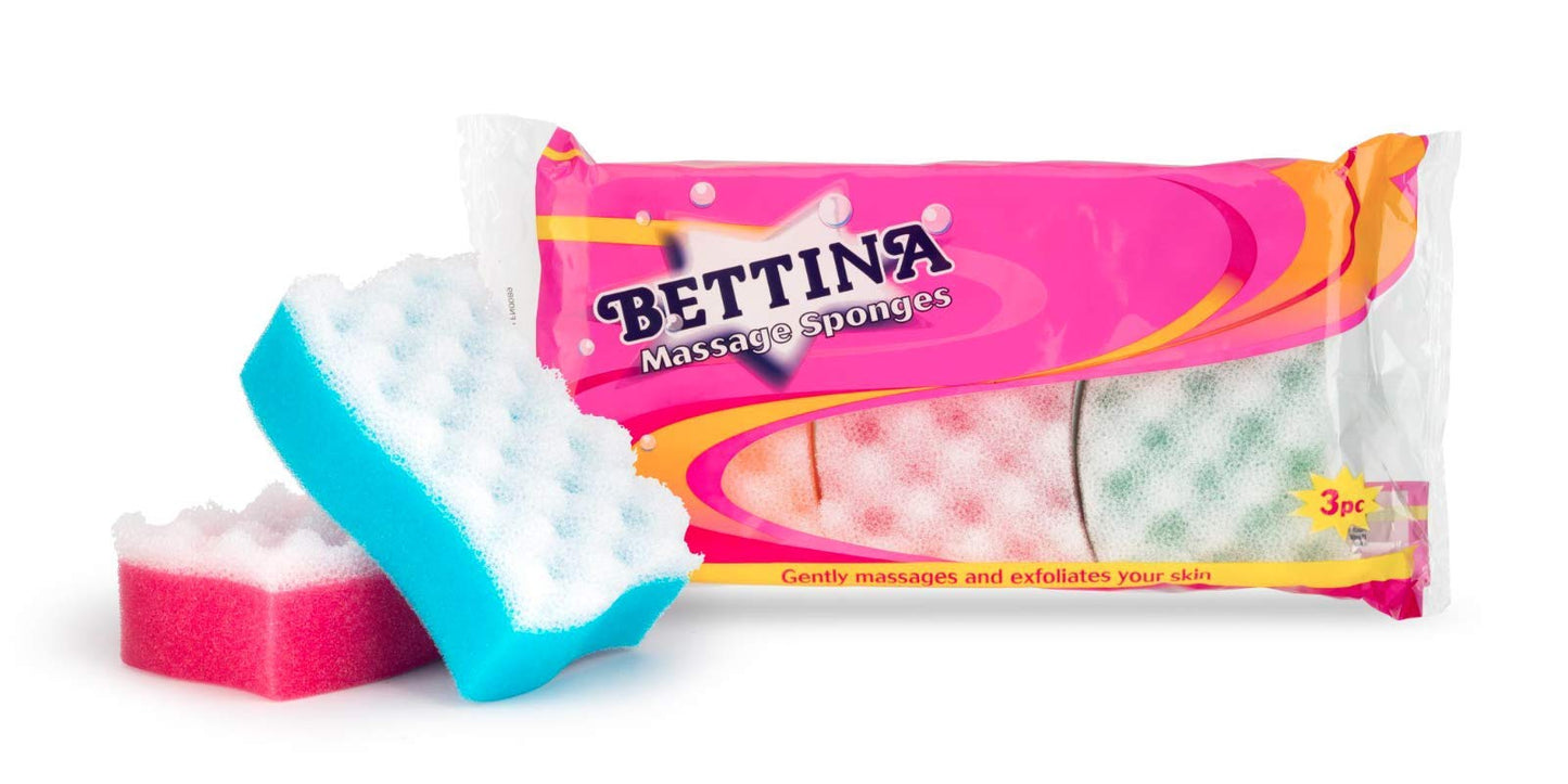 Bettina 3PC Massage Sponge - Bath Shower Scrubber New Pack Strong Skin Cleaning Clean