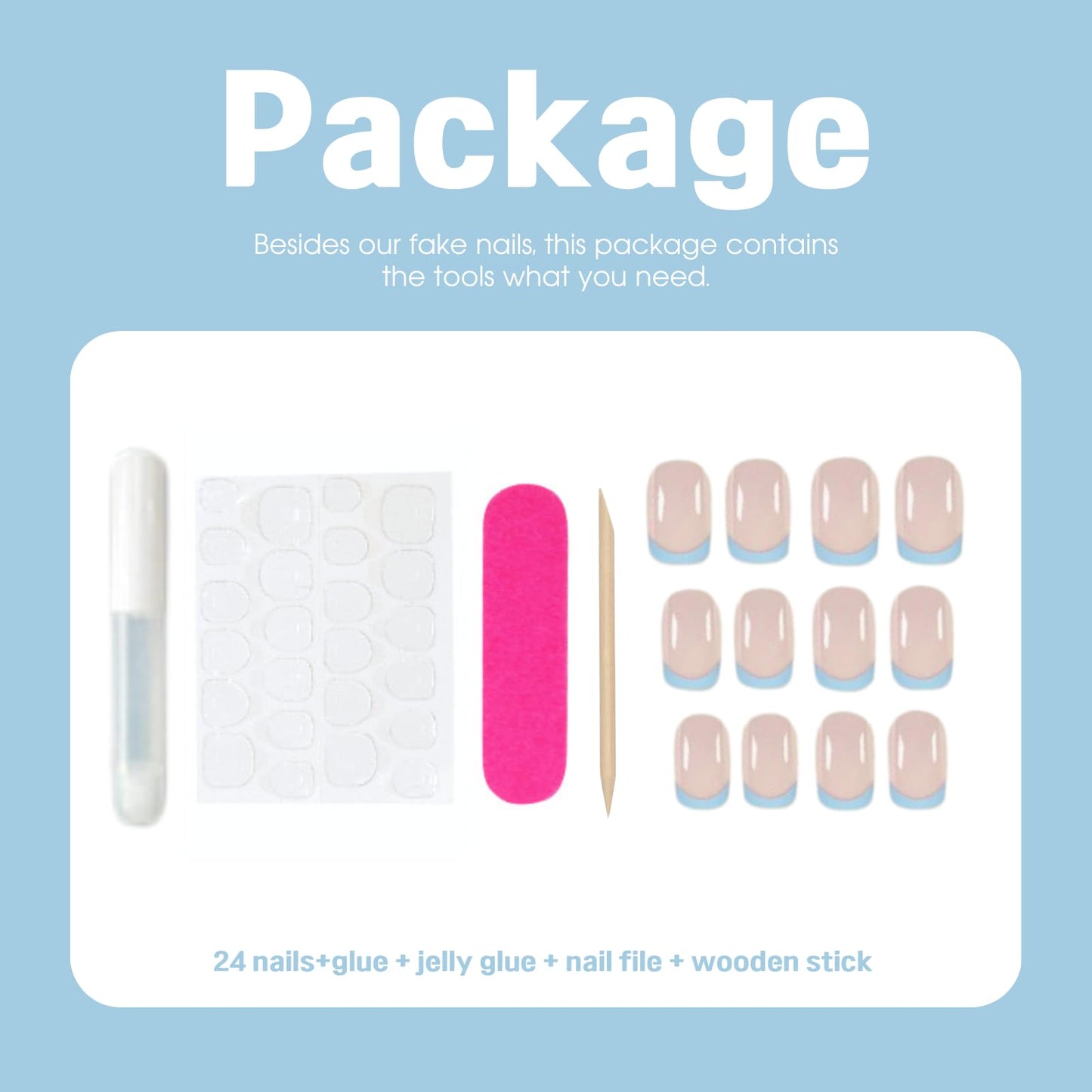 NLFOX Baby Blue French Tip False Nails - Square Press On Nails Short - French Coffin Fake Nails With Glue - Removable Full Cover Acrylic Stick On nails For Women Daily Wear Nail Art Gifts Accessories