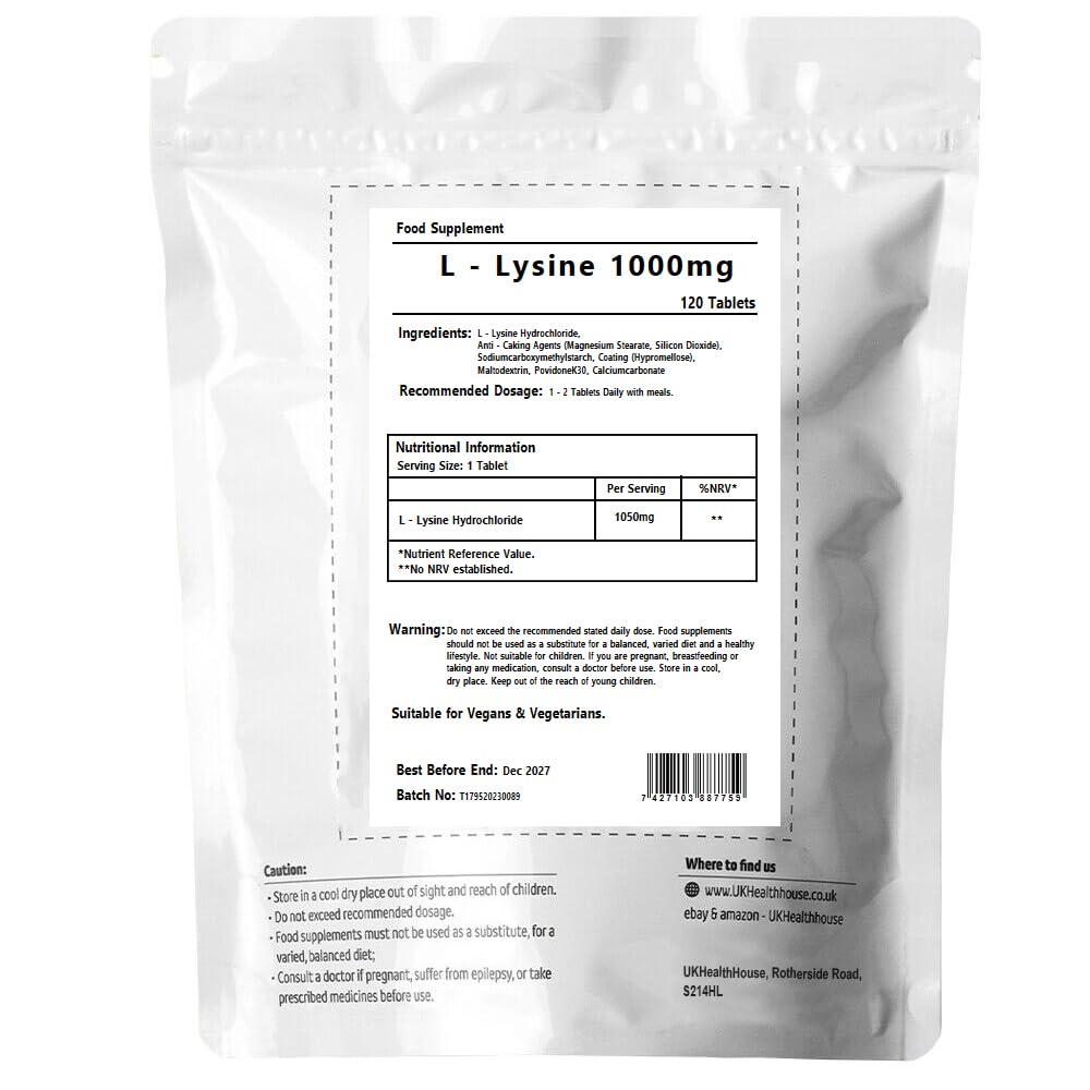 UKHealthHouse L-Lysine 1000mg Tablets – High Strength Essential Amino Acid Supplement for Immune Support, Bone Health & Muscle Recovery | Vegan, Gluten-Free | 120 Lysine Tablets